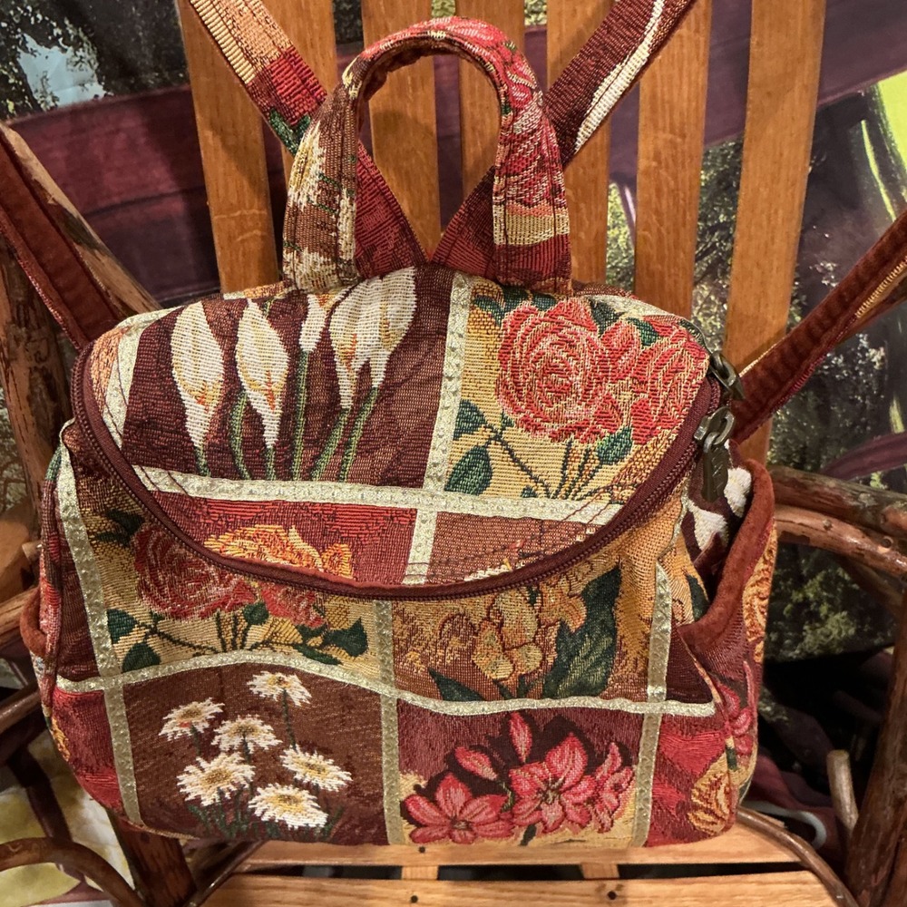 Paul Brent Floral Tapestry Mini Backpack Woven Patchwork Boho Bag Multi Color